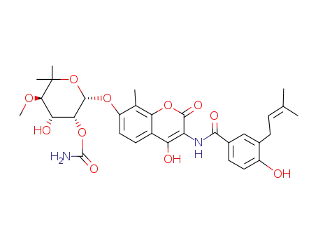Molecular Structure of 10543-94-9 (5-hydroxy-2-[(2-hydroxy-3-{[4-hydroxy-3-(3-methylbut-2-en-1-yl)benzoyl]amino}-8-methyl-4-oxo-4H-chromen-7-yl)oxy]-4-methoxy-6,6-dimethyltetrahydro-2H-pyran-3-yl carbamate (non-preferred name))