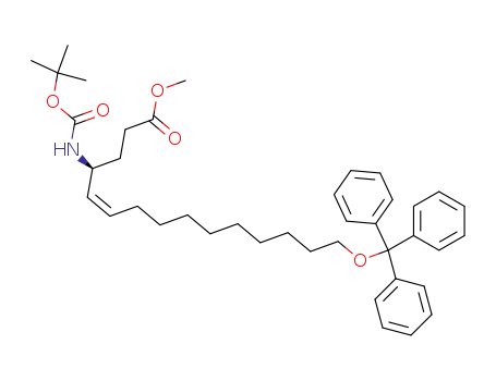 Molecular Structure of 488852-73-9 (5-Pentadecenoic acid,
4-[[(1,1-dimethylethoxy)carbonyl]amino]-15-(triphenylmethoxy)-, methyl
ester, (4S,5Z)-)