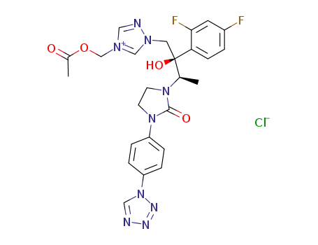 Molecular Structure of 214543-30-3 (4-(Acetoxymethyl)-1-[2(R)-(2,4-difluorophenyl)-2-hydroxy-3(R)-[2-oxo-3-[4-(1H-tetrazol-1-yl)phenyl]imidazolidin-1-yl]butyl]-1H-1,2,4-triazol-4-ium chloride)