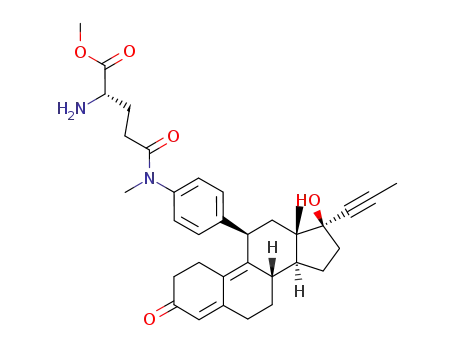 Molecular Structure of 734523-73-0 ((S)-2-Amino-4-{[4-((8S,11R,13S,14S,17S)-17-hydroxy-13-methyl-3-oxo-17-prop-1-ynyl-2,3,6,7,8,11,12,13,14,15,16,17-dodecahydro-1H-cyclopenta[a]phenanthren-11-yl)-phenyl]-methyl-carbamoyl}-butyric acid methyl ester)