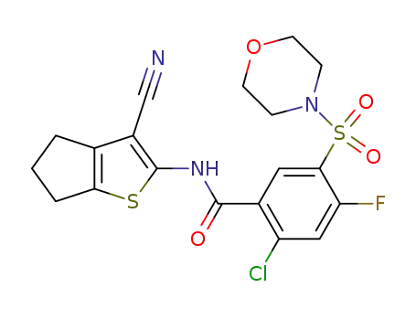 Molecular Structure of 669072-43-9 (Benzamide,
2-chloro-N-(3-cyano-5,6-dihydro-4H-cyclopenta[b]thien-2-yl)-4-fluoro-5-
(4-morpholinylsulfonyl)-)