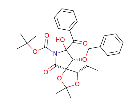 Molecular Structure of 562858-26-8 (1,3-Dioxa-7-azaspiro[4.4]nonane-7-carboxylic acid,
8-benzoyl-4-ethyl-8-hydroxy-2,2-dimethyl-6-oxo-9-(phenylmethoxy)-,
1,1-dimethylethyl ester, (4S,5R,9R)-)