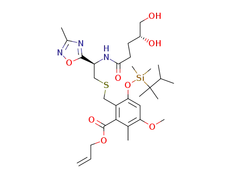 Molecular Structure of 676347-35-6 (2-[(R)-2-((R)-4,5-Dihydroxy-pentanoylamino)-2-(3-methyl-[1,2,4]oxadiazol-5-yl)-ethylsulfanylmethyl]-3-[dimethyl-(1,1,2-trimethyl-propyl)-silanyloxy]-5-methoxy-6-methyl-benzoic acid allyl ester)