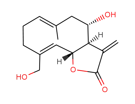 Molecular Structure of 26931-94-2 ((3aR,4S,6E,10Z,11aR)-3a,4,5,8,9,11a-Hexahydro-4-hydroxy-10-(hydroxymethyl)-6-methyl-3-methylenecyclodeca[b]furan-2(3H)-one)