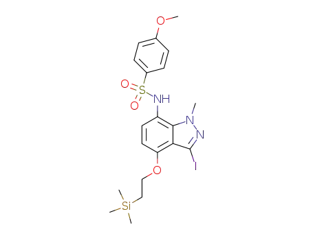 Molecular Structure of 864724-82-3 (N-(3-iodo-4-(2-trimethylsilanyl-ethoxy)-1-methyl-1H-7-indazolyl)-4-methoxybenzene sulfonamide)