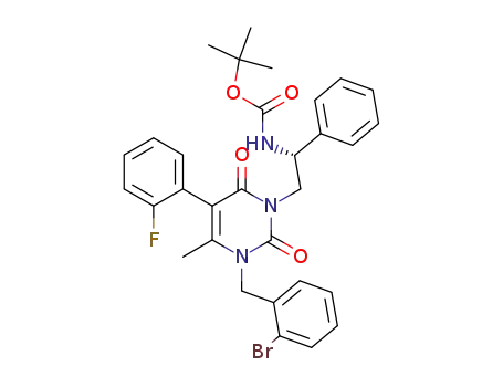 Molecular Structure of 1026225-22-8 ({2-[3-(2-bromo-benzyl)-5-(2-fluoro-phenyl)-4-methyl-2,6-dioxo-3,6-dihydro-2<i>H</i>-pyrimidin-1-yl]-1-phenyl-ethyl}-carbamic acid <i>tert</i>-butyl ester)