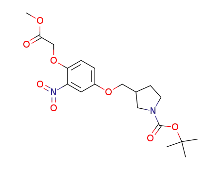 Molecular Structure of 420786-27-2 (3-(4-methoxycarbonylmethoxy-3-nitro-phenoxymethyl)-pyrrolidine-1-carboxylic acid <i>tert</i>-butyl ester)