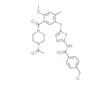 Molecular Structure of 439578-99-1 (N-(5-(5-(4-acetylpiperazine-1-carbonyl)-4-methoxy-2-methylphenylthio)thiazol-2-yl)-4-(chloromethyl)benzamide)