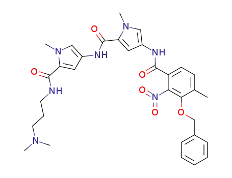 Molecular Structure of 731751-39-6 (N-<2-<2-(3-dimethylaminopropylcarbamoyl)-1-methyl-4-pyrrolyl>carbamoyl-1-methyl-4-pyrrolyl>-2-nitro-3-benzyloxy-4-methylbenzamide)
