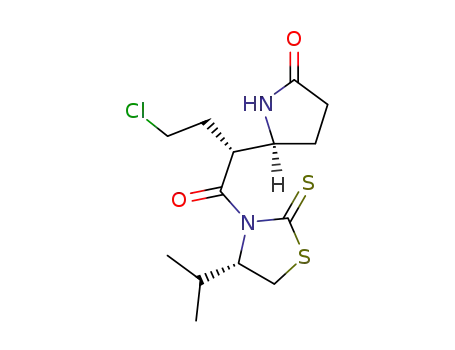 Molecular Structure of 111975-23-6 ((S)-5-[(R)-3-Chloro-1-((S)-4-isopropyl-2-thioxo-thiazolidine-3-carbonyl)-propyl]-pyrrolidin-2-one)