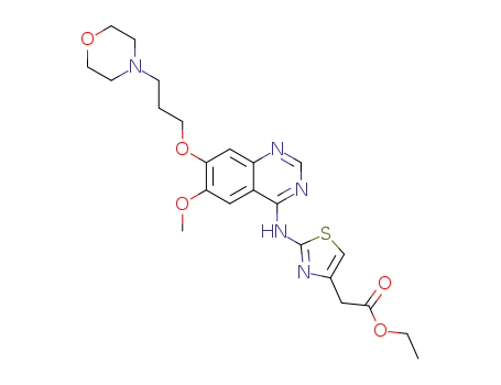 Molecular Structure of 385780-20-1 (4-Thiazoleacetic acid,
2-[[6-methoxy-7-[3-(4-morpholinyl)propoxy]-4-quinazolinyl]amino]-, ethyl
ester)