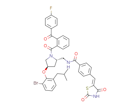 Molecular Structure of 211296-91-2 (N-{(2S,4R)-4-(2-Bromo-6-isobutyl-phenoxy)-1-[2-(4-fluoro-benzoyl)-benzoyl]-pyrrolidin-2-ylmethyl}-4-[2,4-dioxo-thiazolidin-(5Z)-ylidenemethyl]-benzamide)