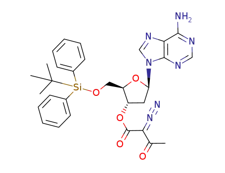 Molecular Structure of 276870-78-1 (2-Diazo-3-oxo-butyric acid (2R,3S,5R)-5-(6-amino-purin-9-yl)-2-(tert-butyl-diphenyl-silanyloxymethyl)-tetrahydro-furan-3-yl ester)