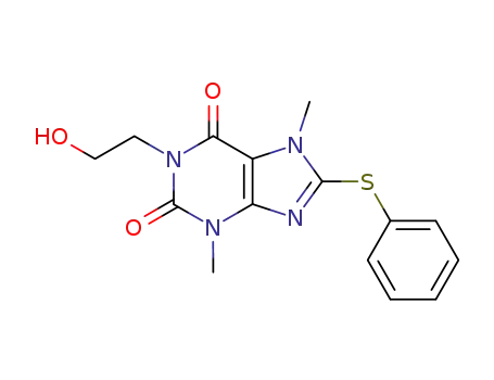 Molecular Structure of 234432-02-1 (1-(2-hydroxy-ethyl)-3,7-dimethyl-8-phenylsulfanyl-3,7-dihydro-purine-2,6-dione)