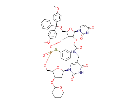 Molecular Structure of 263758-81-2 ({5:2'-O-[methyleneimino(2-oxoethane-2,1-diyl)]}-linked 5'-O-(4,4'-dimethoxytrityl)-P-thiouridyl-(3'->5')-2'-deoxy-3'-O-(tetrahdyro-2H-pyran-2-yl)uridine S-phenyl ester)