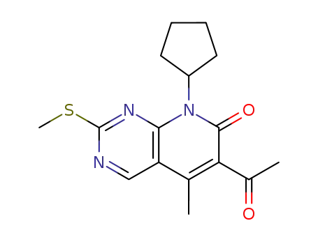 Molecular Structure of 850628-81-8 (6-Acetyl-8-cyclopentyl-5-methyl-2-(methylsulfanyl)pyrido[2,3-d]pyrimidin-7(8H)-one)