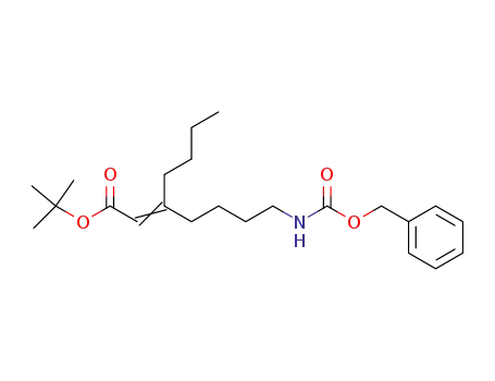 Molecular Structure of 169464-01-1 (2-Heptenoic acid, 3-butyl-7-[[(phenylmethoxy)carbonyl]amino]-,
1,1-dimethylethyl ester)