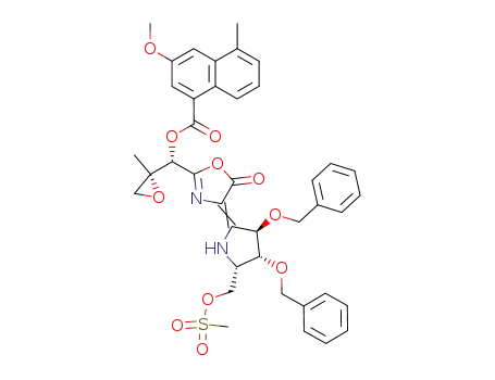Molecular Structure of 228120-05-6 (3-Methoxy-5-methyl-naphthalene-1-carboxylic acid (S)-{4-[(3R,4R,5S)-3,4-bis-benzyloxy-5-methanesulfonyloxymethyl-pyrrolidin-(2E)-ylidene]-5-oxo-4,5-dihydro-oxazol-2-yl}-((S)-2-methyl-oxiranyl)-methyl ester)