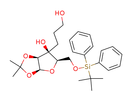 Molecular Structure of 172751-33-6 (5-O-(tert-butyldiphenylsilyl)-3-C-(3-hydroxypropyl)-1,2-O-isopropylidene-β-D-lyxofuranose)