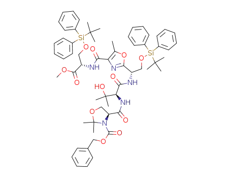 3-Oxazolidinecarboxylic acid,
4-[(3S,6S)-6-[4-[[[(1S)-1-[[[(1,1-dimethylethyl)diphenylsilyl]oxy]methyl]-2-
methoxy-2-oxoethyl]amino]carbonyl]-5-methyl-2-oxazolyl]-3-(1-hydroxy-1
-methylethyl)-10,10-dimethyl-1,4-dioxo-9,9-diphenyl-8-oxa-2,5-diaza-9-
silaundec-1-yl]-2,2-dimethyl-, phenylmethyl ester, (4S)-