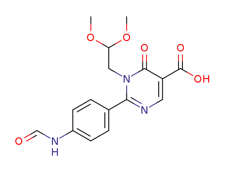 Molecular Structure of 1027421-58-4 (1-(2,2-Dimethoxy-ethyl)-2-(4-formylamino-phenyl)-6-oxo-1,6-dihydro-pyrimidine-5-carboxylic acid)