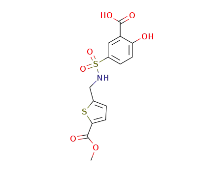 Molecular Structure of 476362-82-0 (5-[(3-carboxy-4-hydroxy-benzenesulfonylamino)-methyl]-thiophene-2-carboxylic acid methyl ester)