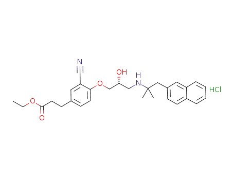 Molecular Structure of 1192845-62-7 (Benzenepropanoic acid, 3-cyano-4-[(2R)-3-[[1,1-diMethyl-2-(2-naphthalenyl)ethyl]aMino]-2-hydroxypropoxy]-, ethyl ester, (Hydrochloride) (1:1))
