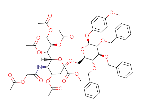 Molecular Structure of 1167992-02-0 (4-methoxyphenyl (methyl 5-(2-acetoxy)acetamido-4,7,8,9-tetra-O-acetyl-3,5-dideoxy-D-glycero-α-D-galacto-2-nonulopyranosylonate)-(2->6)-2,3,4-tri-O-benzyl-β-D-glucopyranoside)