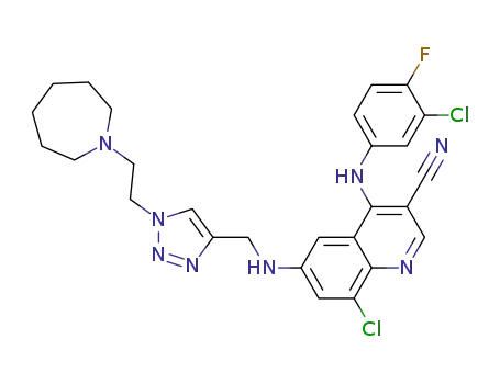 Molecular Structure of 915365-57-0 (8-Chloro-4-[(3-chloro-4-fluorophenyl)amino]-6-[[[1-[2-(hexahydro-1H-azepin-1-yl)ethyl]-1H-1,2,3-triazol-4-yl]methyl]amino]-3-Quinolinecarbonitrile)