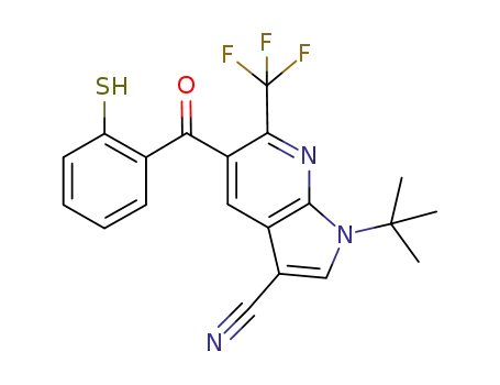 Molecular Structure of 1224691-21-7 (1-tert-butyl-5-(2-sulfanylbenzoyl)-6-(trifluoromethyl)-1H-pyrrolo[2,3-b]pyridine-3-carbonitrile)