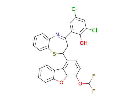 Molecular Structure of 1187920-73-5 (2,4-dichloro-6-(2-(4-(difluoromethoxy)dibenzofuran-1-yl)-2,3-dihydro-benzo[b][1,4]thiazepin-4-yl)phenol)
