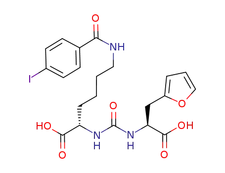 Molecular Structure of 1349155-42-5 ((S)-2-(3-((S)-1-carboxy-2-(furan-2-yl)ethyl)ureido)-6-(4-iodobenzamido)hexanoic acid)