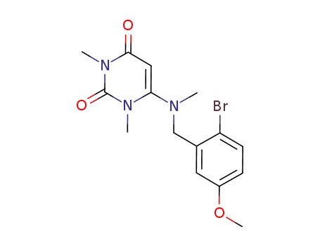 Molecular Structure of 1148107-95-2 (6-((2-bromo-5-methoxybenzyl)(methyl)amino)-1,3-dimethylpyrimidine-2,4(1H,3H)-dione)