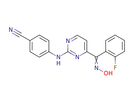 Molecular Structure of 1225464-57-2 (4-(4-((2-fluorophenyl)(hydroxyimino)methyl)pyrimidin-2-ylamino)benzonitrile)