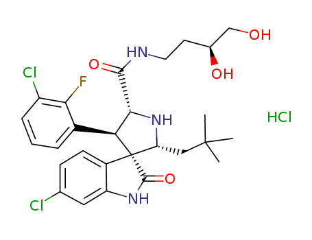 Spiro[3H-indole-3,3'-pyrrolidine]-5'-carboxamide, 6-chloro-4'-(3-chloro-2-fluorophenyl)-N-[(3S)-3,4-dihydroxybutyl]-2'-(2,2-dimethylpropyl)-1,2-dihydro-2-oxo-, hydrochloride (1:1), (2'R,3S,4'S,5'R)-