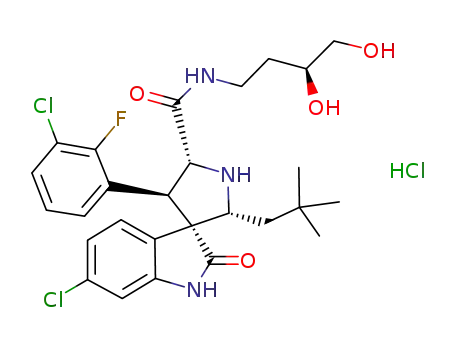 Molecular Structure of 1201143-82-9 (Spiro[3H-indole-3,3'-pyrrolidine]-5'-carboxamide, 6-chloro-4'-(3-chloro-2-fluorophenyl)-N-[(3S)-3,4-dihydroxybutyl]-2'-(2,2-dimethylpropyl)-1,2-dihydro-2-oxo-, hydrochloride (1:1), (2'R,3S,4'S,5'R)-)