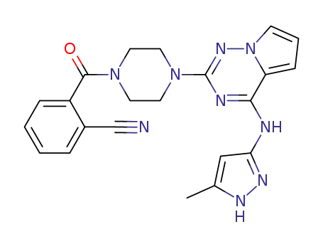 Molecular Structure of 1221267-34-0 (2-((4-(4-((5-methyl-1H-pyrazol-3-yl)amino)pyrrolo[2,1-f][1,2,4]triazin-2-yl)-1-piperazinyl)carbonyl)benzonitrile)