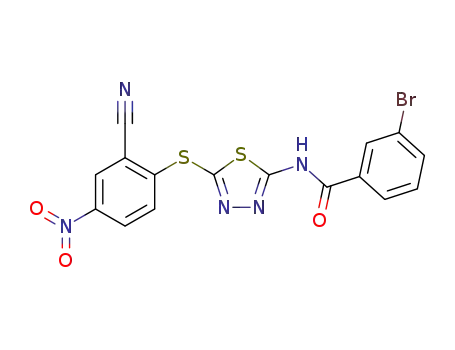 Molecular Structure of 1281988-89-3 (N-[5-(2-cyano-4-nitrophenylthio)-1,3,4-thiadiazol-2-yl]-3-bromobenzamide)
