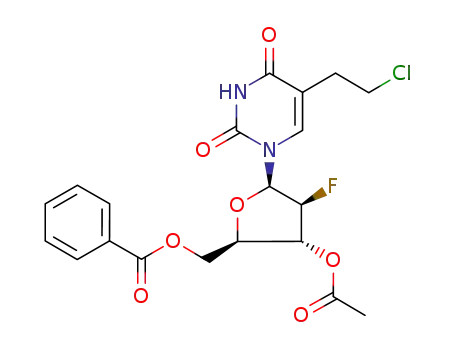 Molecular Structure of 108034-57-7 (1-(3-O-acetyl-5-O-benzoyl-2-deoxy-2-fluoro-β-D-arabinofuranosyl)-5-(2-chloroethyl)-1H,3H-pyrimidine-2,4-dione)
