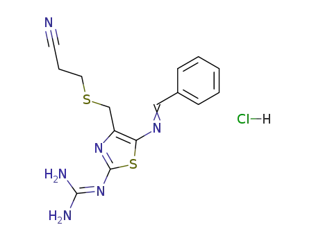 Molecular Structure of 109467-14-3 (3-<<<2-<(diaminomethylene)amino>-5-(benzylideneamino)-4-thiazolyl>methyl>thio>propionitrile hydrochloride)