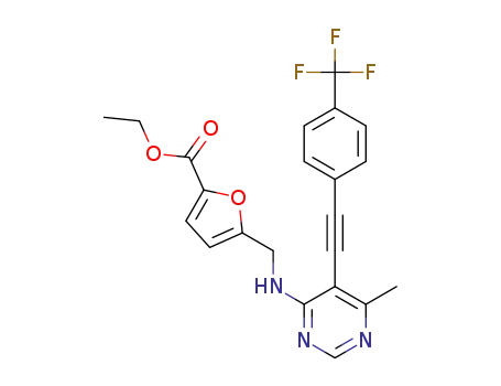 Molecular Structure of 1206631-23-3 (ethyl 5-(6-methyl-5-{[4-(trifluoromethyl)phenyl]ethynyl}pyrimidin-4-ylaminomethyl)-2-furancarboxylate)