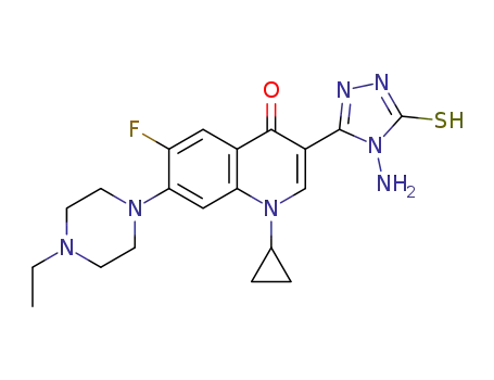Molecular Structure of 1215036-45-5 (3-(1-amino-5-mercapto-1H-[1,3,4]triazol-2-yl)-1-cyclopropyl-7-(4-ethylpiperazin-1-yl)-6-fluoro-4(1H)quinolinone)