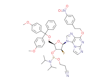 Molecular Structure of 1391913-19-1 (3'-O-[(N,N-diisopropylamino)-2-cyanoethoxyphosphinyl]-5'-O-(4,4'-dimethoxytrityl)-9-(2-deoxy-2-fluoro-β-D-arabinofuranosyl)-O6-(p-nitrophenethyl)-N2,3-ethenoguanine)