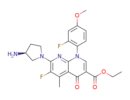 Molecular Structure of 146560-55-6 (7-((S)-3-Amino-pyrrolidin-1-yl)-6-fluoro-1-(2-fluoro-4-methoxy-phenyl)-5-methyl-4-oxo-1,4-dihydro-[1,8]naphthyridine-3-carboxylic acid ethyl ester)