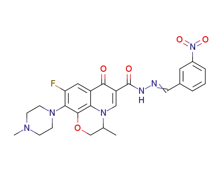 Molecular Structure of 1315249-15-0 (9-fluoro-3,7-dihydro-3-methyl-6-(N'-methylene-3-nitrobenzohydrazide) 10-(4-methyl piperazin-1-yl)-2H-[1,4]oxazino[2,3,4-ij]quinolin-7-one)