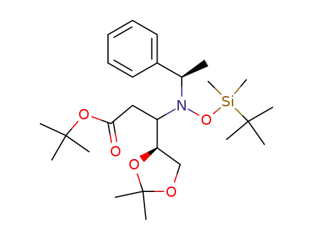 Molecular Structure of 121614-12-8 (tert-butyl (4S)-3-<N-(tert-butyldimethylsiloxy)-(1R)-1-phenylethylamino>-4,5-(isopropylidenedioxy)pentanoate)
