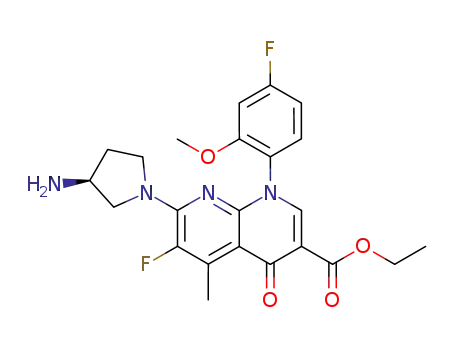 Molecular Structure of 146560-54-5 (7-((S)-3-Amino-pyrrolidin-1-yl)-6-fluoro-1-(4-fluoro-2-methoxy-phenyl)-5-methyl-4-oxo-1,4-dihydro-[1,8]naphthyridine-3-carboxylic acid ethyl ester)
