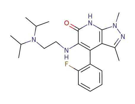 Molecular Structure of 103068-92-4 (5-(2-Diisopropylamino-ethylamino)-4-(2-fluoro-phenyl)-1,3-dimethyl-1,7-dihydro-pyrazolo[3,4-b]pyridin-6-one)