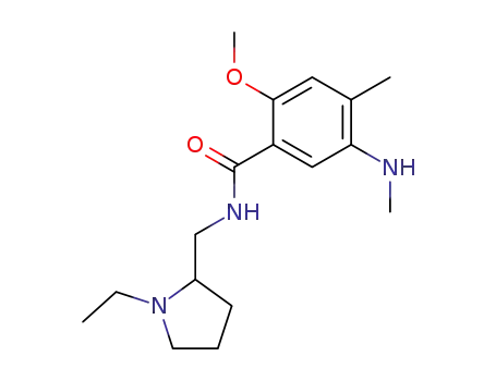 Molecular Structure of 90763-38-5 (Benzamide,
N-[(1-ethyl-2-pyrrolidinyl)methyl]-2-methoxy-4-methyl-5-(methylamino)-)