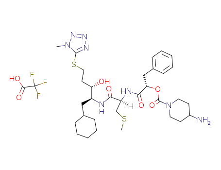 Molecular Structure of 139470-30-7 ((2S,3S)-2-<<(2S)-2-<<(4-aminopiperidino)carbonyl>oxy>-3-phenylpropionyl>-Cys(Me)-amino>-1-cyclohexyl-5-<(1-methyl-1H-tetrazol-5-yl)thio>-3-pentanol trifluoroacetate)